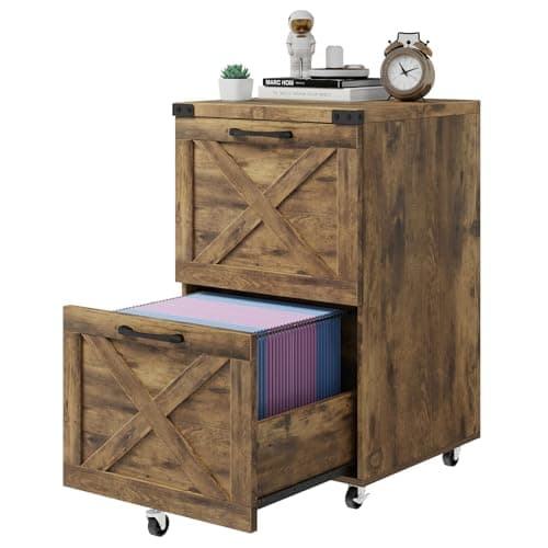 Image of BonVache Filing Cabinet 2 Drawers Small File Cabinet with Wheels, Farmhouse Vertical Filing Cabinet Fits A4/Letter Size, Under Desk Rolling File Cabinets for Home Office, Wooden Printer Stand