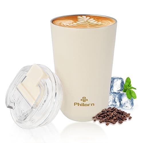 Image of Philorn Coffee Cup, 380ml Insulated Travel Mug with Leakproof Lid & Double Wall, Reusable Vacuum Stainless Steel Coffee Mug for Hot and Cold Drinks, White