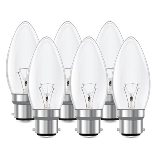 Image of Caldarax B22 Bayonet Clear Candle Light Bulb, C35 Candle Bulb, Dimmable Warm White 2700K, 400 Lumen, AC 230V, Bayonet Light Bulb, BC Candle Bulb, for Chandeliers, Desk Lamp, Ceiling Fixture, 6 Pack
