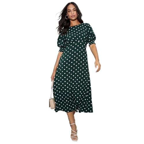 Image of Dorothy Perkins Green Spot Shirred Cuff Midi Dress, 16, Green