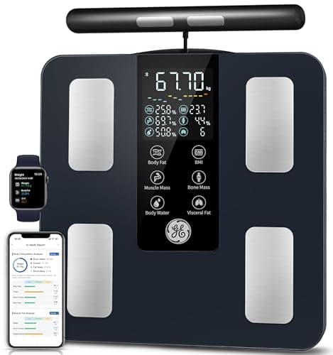 Image of GE Scale for Body Weight and Fat, Digital 8-Electrode Smart Bathroom Scale 50 Measurements for BMI Muscle Mass Body Composition Analyzer Bluetooth Accurate Weighing Machine 180kg, 310mm Black