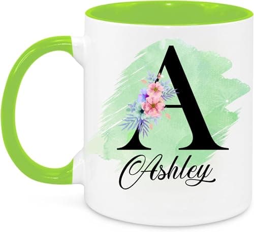 Image of EKAM Personalised Mug, Coloured Inner and Handle Mug Stylish Initial with Name, Gift for Valentine’s, Birthday, Christmas Day for Mom, Dad, Kids, Friends or Girls, 11oz Coffee/Tea Cup (Light Green)
