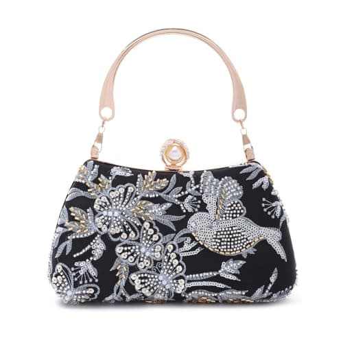 Image of LHHMZ Women Trendy Floral Embroidery Beaded Bag, Butterfly Clutch Handbag, Elegant Floral Shoulder Bag for Wedding Party Formal