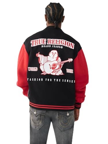 Image of True Religion Men's Buddha Logo Fleece Varsity Jacket, Black, XXL