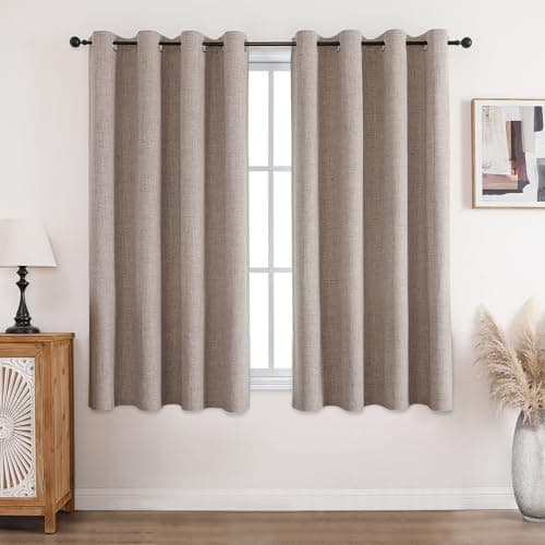 Image of CUCRAF 100% Blackout Linen Thermal Eyelet Curtains, 2 Panels, W 52" x L 54", Linen Color, Bedroom & Living Room
