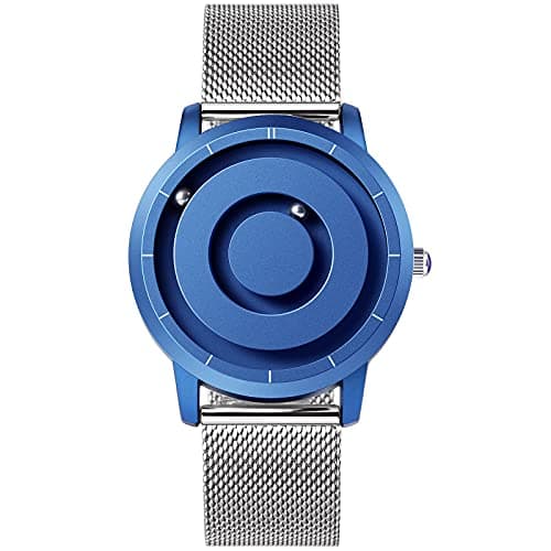 Image of EUTOUR Magnetic Mens Watches No Glass Ball Bearing Minimalist Quartz Wrist Watch for Men with Silver Mesh Stainless Steel Mesh Strap 40 mm Blue