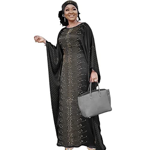 Image of HD Long African Dresses for Women Fashion Beading Rhinestone Kaftan Maxi Dress, Black, One Size