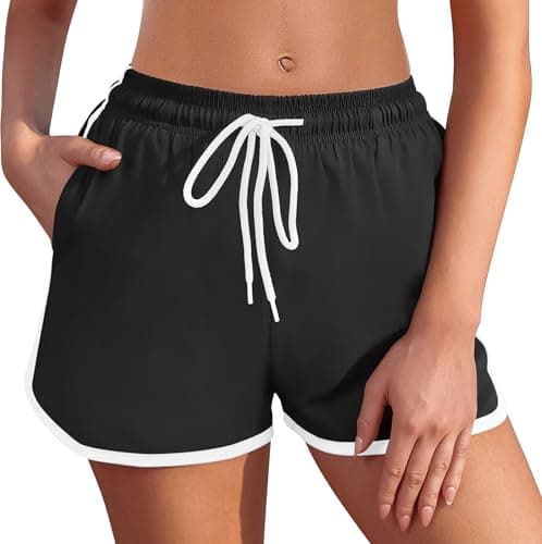Image of Ekouaer Women Swim Shorts Board Shorts High Waisted Beach Shorts Tummy Control Swimming Bottoms with Pockets Liner, Black + White S