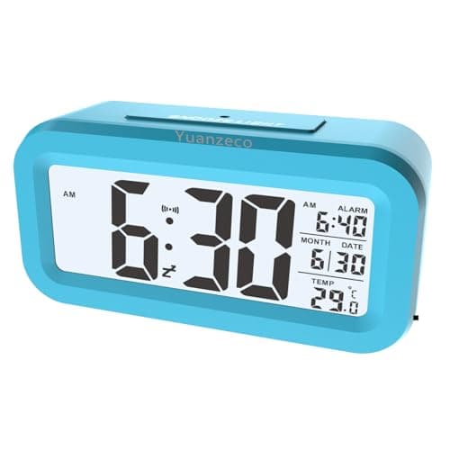Image of Yuanzeco 4.5" Display Digital Clock with Large Screen, Night Light, Temperature Display, Alarm, Battery Powered, Office, Kids, Elder Snooze (Blue)