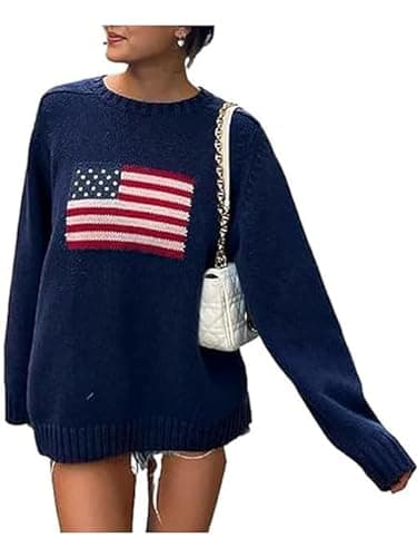 Image of SANSIWU Women Y2k Vintage Sweater Casual Long Sleeve Crew Neck Loose Knit Pullover USA Flag Print Sweatshirt Preppy Striped Sweater (A-Navy Blue, S)
