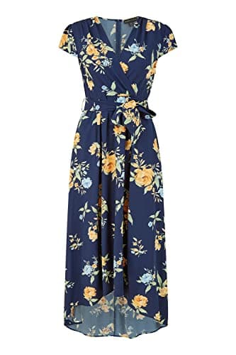 Image of Mela London Mela Navy Floral Print Dipped Hem Wrap Dress 26 Navy