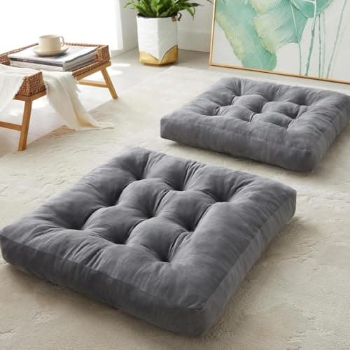 Image of DAWNTREES Floor Pillow Set of 2, Square Large Pillows Seating for Adults, 55x55x10 cm Gray Tufted Corduroy Cushions for Outdoor Yoga Tatami Fireplace Living Room, Grey