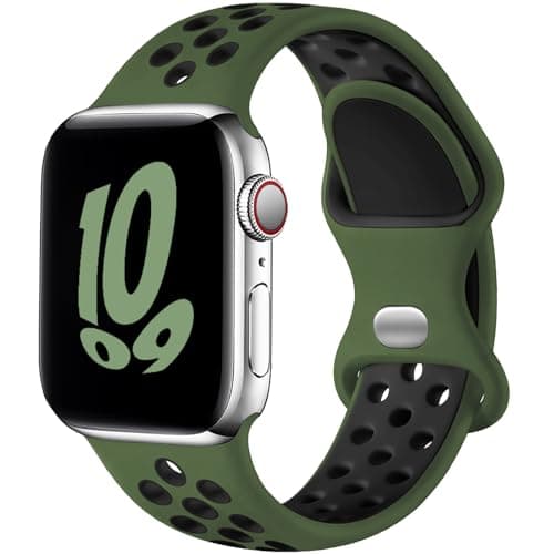 Image of Upeak Sport Strap Compatible with Apple Watch Strap 44mm 45mm 46mm 42mm 49mm, Breathable Silicone Double Hole Band for iWatch Strap Series 11 10 9 8 7 6 5 4 2 1, SE 3, Ultra 3, L, Army-Green/Black