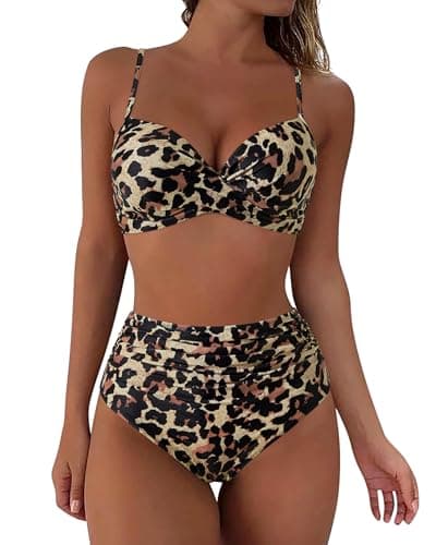 Image of RXRXCOCO High Waisted Leopard Print Bikini Set with Padded Top and Tummy Control, S (UK 8-10), Black/Red/Yellow