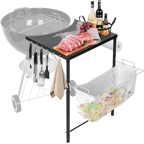 Image of GFTIME Grill Side Table, Grill Side Shelf for Weber Kettle 47cm/57cm/67cm, Smokey Mountain 47cm/57cm, Outdoor BBQ Table for Master-Touch & Similar Grills, Adjustable Height Grill Work Table Stand