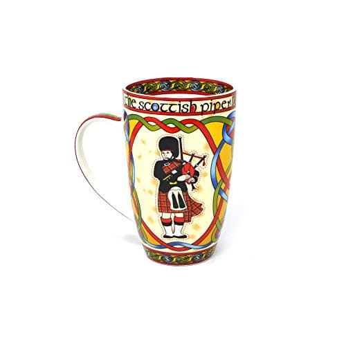 Image of Royal Tara Scotland Piper Tea Coffee Mug Cup with Scottish Red Celtic Knots Design and Highland Bagpipes Design