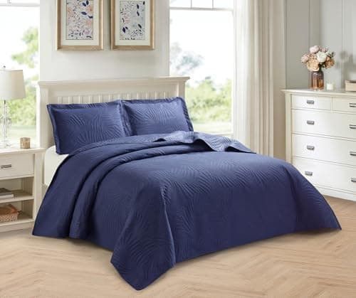 Image of PRIME LINENS 3 Piece Quilted Bedspread Embossed Leaf Pattern Bedding Set Bed Throw with Pillow Cases Machine Washable (Dark Blue, King)