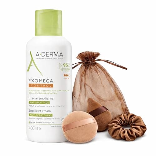 Image of Northern Heights Dry & Sensitive Skin Care Bundle – A-Derma Exomega Control Emollient Cream 400ml with Cleansing Pad & Satin Scrunchie