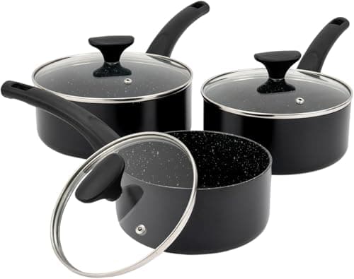 Image of 3 Piece Non-Stick Saucepan Set with Tempered Glass Lids - 16cm 18cm 20cm Sauce Pot Induction, Gas and Electric Hobs Forged Aluminium Milk Pan