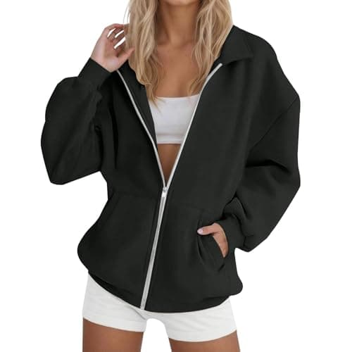Image of Ladies/Womens Lady-Fit Sweatshirt Jacket Hoodless Hoodie Gowalk Everywhere Jacket for Leggings Full Zip Up Lapel Collar Long Sleece Casual Sweatshirts with Pockets Workout Jogging Sportswear Black