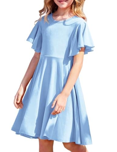 Image of Arshiner Dresses for Girls Butterfly Sleeve Dress Kids A-Line Swing Dress Round Neck Summer Dress Cotton Dress Festive Party Dress Wedding Casual Children's Clothing with Pocket, sky blue, 11-12 Years