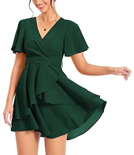 Image of PCEAIIH Women's Cocktail Dresses Short Sleeve Empire Skater Dress Deep V-Neck Waist Tie Ruffle Mini Swing Dresses L Dark Green