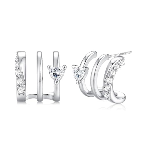 Image of Roheafer 14K Gold Plated Triple Huggie Illusion Stud Earrings for Women 925 Sterling Silver Post Small Claw Earrings for One Hole Dainty Cubic Zirconia Studs Lightweight Jewelry Gift(S-Heart)