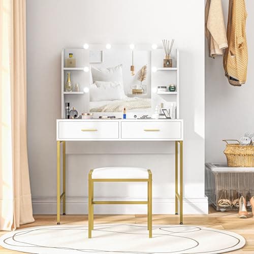 Image of HOMCOM Dressing Table with Lighted Mirror, Cushioned Stool, Drawers, Shelves, LED Makeup Vanity Desk Set, Modern Dresser Vanity Table for Bedroom, White