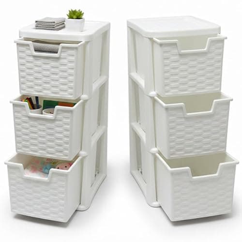 Image of SIDSONS 3 Tier Rattan Drawers - Multipurpose Storage Organization, Modular Medium Storage Tower For Home, Office, Garage, White Desktop Drawer, Rattan Effect 48cm Height x 25cm Depth x 19cm Width (2)
