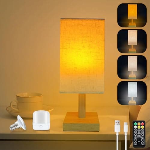 Image of Joyes Rechargeable Table Lamp – Cordless LED Lamp with Fabric Shade, Dimmable, Remote, 4 Color Temps, Timer, Includes 2 Rechargeable Bulbs, for Bedroom, Outdoor & Camping
