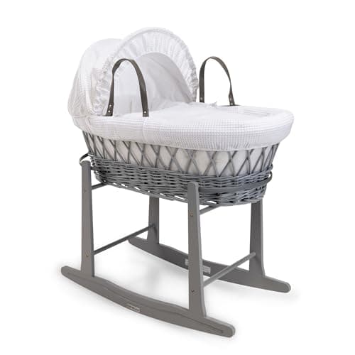 Image of Clair de Lune Waffle Grey Wicker Moses Basket with Grey Standard Rocking Stand - 68 x 30 cm (White)