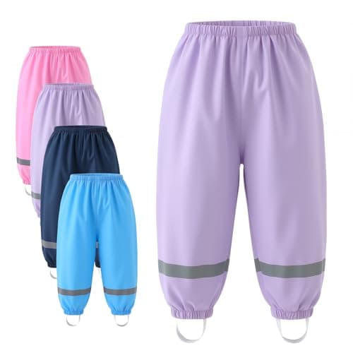 Image of Okdance Kids Waterproof Rain Trousers with Stirrup Straps, Windproof Puddle Pants for Boys and Girls, Reflective Strip, Elastic Waist, Outdoor Rainwear (UK, Age, 5 Years, 6 Years, Regular, Purple)