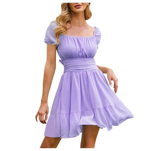 Image of Summer Dress Women's Beach Dress Women's Neck Dresses Short Sleeve Swiss Plain Mini Dress Elastic Lightweight Long Summer Dress Casual Midi Dress Airy Flowing Dress, purple, S