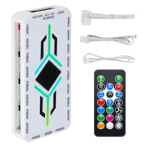Image of 2 In 1 ARGB Fan Hub with Remote Controller, 9-Port 4-Pin PWM Fan Connector, 9 × 5V 3-Pin ARGB Ports, RGB Fan Hub for PC Case Fans with Magnetic Base SATA Power Cable, Adjustable Speed, White