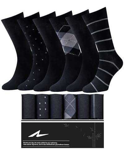 Image of Niorasen 6 Pairs Bamboo Mens Socks, Comfortable Soft Top Crew Socks, Breathable Smart Classic Dress Sock with Gift Box for Everyday Business Casual 3Black+3Pattern Black 5-9