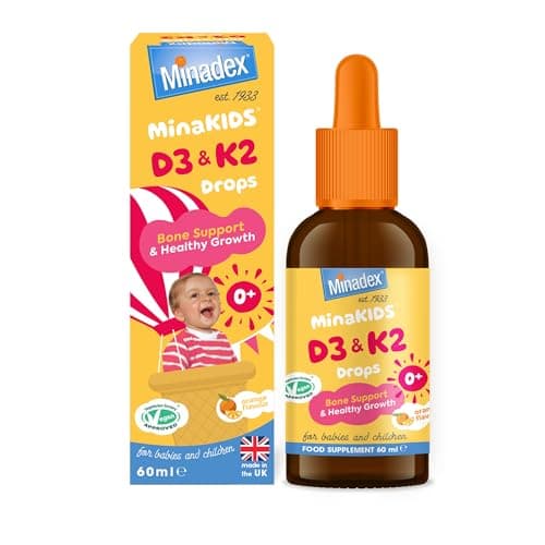 Image of Minadex MinaKIDS D3 & K2 Drops – Delicious Orange Flavoured Supplement with 400 I.U D3, Essential Bone & Immune Support Vitamins for Babies and Children, Sugar-Free, Vegan, 60ml
