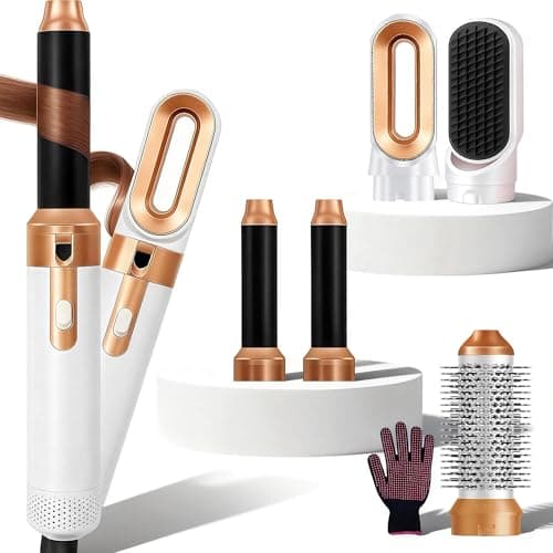Image of 5 in 1 Hair Styler & Air Styler, Hair Dryer Brush, Hot Air Brush, Hair Brush Set with Detachable Curling Wand, Hair Curlers, Straightener Brush for Volumising & Styling for Women (A - Gold & White)