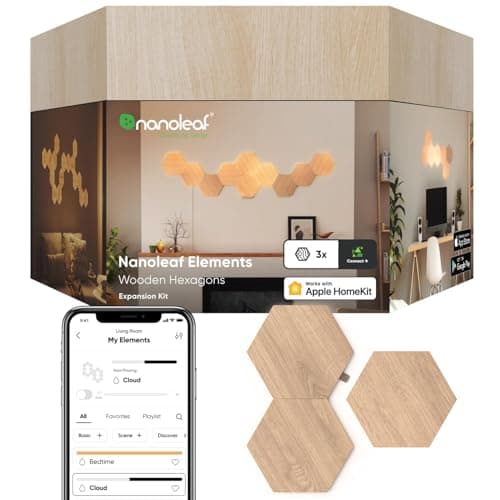 Image of Nanoleaf Elements Hexagon Expansion Pack, 3 Additional Wood Look Light Panels - Dimmable & Modular Smart LED Wi-Fi Wall Mood Lights, Works with Alexa Google Assistant Apple Homekit, for Room Decor