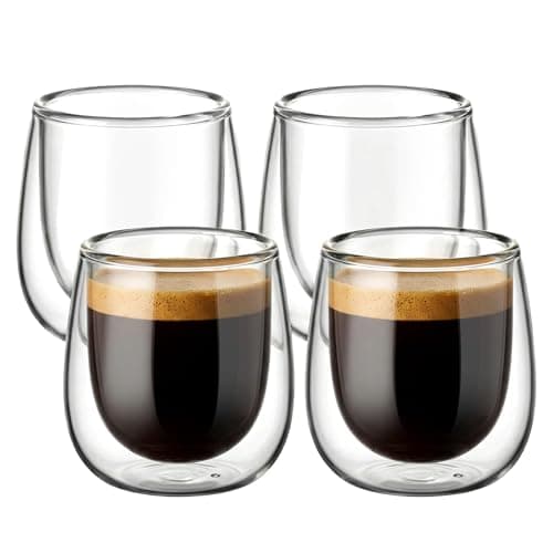 Image of glastal Espresso Cups 100ml (4oz) Double Walled Glasses Coffee Glass Cups Set of 4, Clear Glass Coffee Cups Espresso Mug 100 ml (Full Capacity) Borosilicate Double Wall Glass Cup