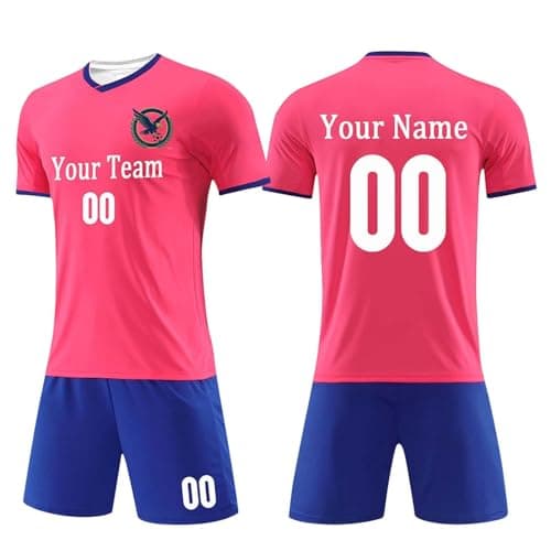 Image of Personalised Football Kits for Boys Football Shirt with Custom Number Logo Name Customisable Jersey & Shorts Set Teenagers Training Shirts Sports Kits Customised Kids Football Kit Hot Pink 130