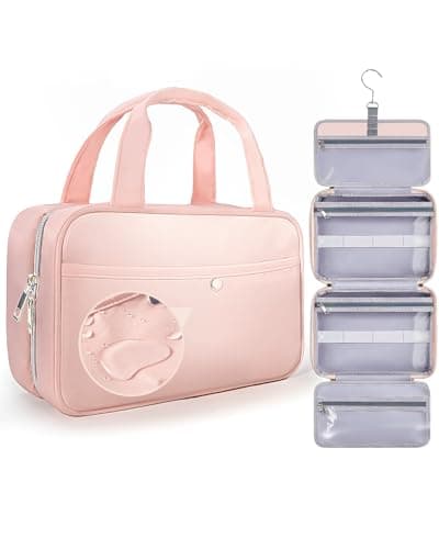 Image of Chakipee Travel Hanging Toiletry Bag for Women - Foldable Toiletries Waterproof Organizer with Clear Window, Lightweight Wash Bags for Essentials, Makeup, Shampoo,Pink, Medium