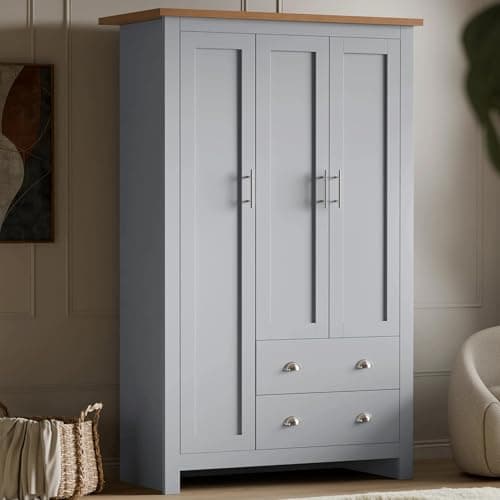 Image of Blisswood 3 Door Bedroom Wardrobe with 4 Shelves and Hanging Rail, Modern Wooden Clothes Organiser, Large Storage Cupboard Unit with 2 Drawers, Triple Wardrobe for Bedroom Furniture (Grey & Oak)