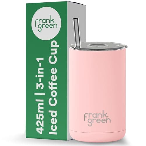 Image of frank green Iced Coffee Cup with Straw - Reusable Travel Mug with Lid and Straw, 3-in-1 Ceramic Lined, Stainless Steel Insulated Cup - Blushed Pink