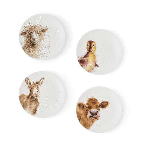 Image of RW WN4093-XW Royal Worcester Wrendale Designs China Tea Coupe Plates Featuring Ewe, Gentle Jack and Just Hatched-Set of 4, Ceramic, White