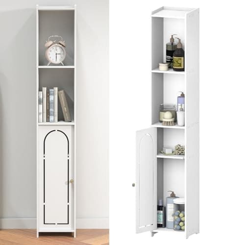Image of Tall Bathroom Storage Cabinet, Slim Floor Standing Display Cabinet, Freestanding Cupboard, Home Office Storage Furniture Organizer Unit for Living Room Kitchen Entryway, White, W20 x D20 x H117 cm