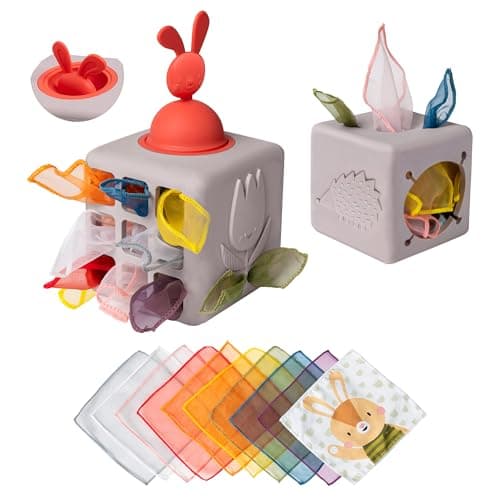Image of Taf Toys Baby Silicone Pop-up Tissue Box Toy for Infants & Toddlers. Baby Sensory Box. Tummy Time Montessori Toy for Babies. Sensory Toy with 10 Fabric Tissues. Suitable for Boys & Girls 12 months +