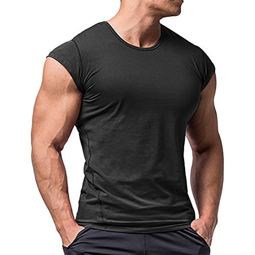 Image of Men Athletic T Shirts Tees Short Sleeve Muscle Cut for Bodybuilding Workout Training Fitness Tops Crew Neck Cotton Black M