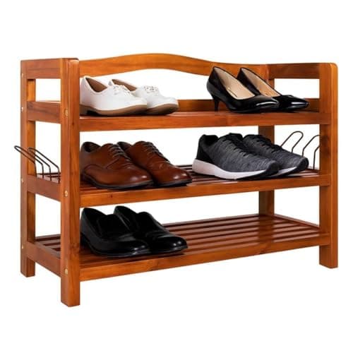 Image of CASARIA® Shoe Rack | Up to 120kg | 3 Tiers | Solid Acacia Wood | Rustic Design | Hallway, Bathroom, Kitchen Shoe Boot Footwear Storage Cabinet | Dark Brown | 85 x 26 x 62 cm