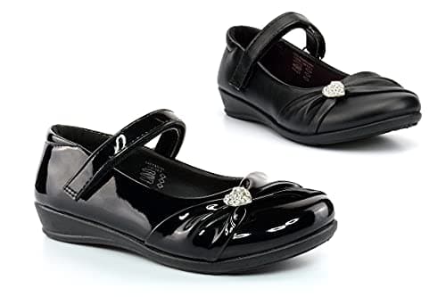 Image of US Brass Girls School Shoes Girls Shoes Girls Black Shoes Mary Jane Shoes Bar Shoes Girls Touch Fastening School Shoes Diamante Heart Detail Black 2 UK