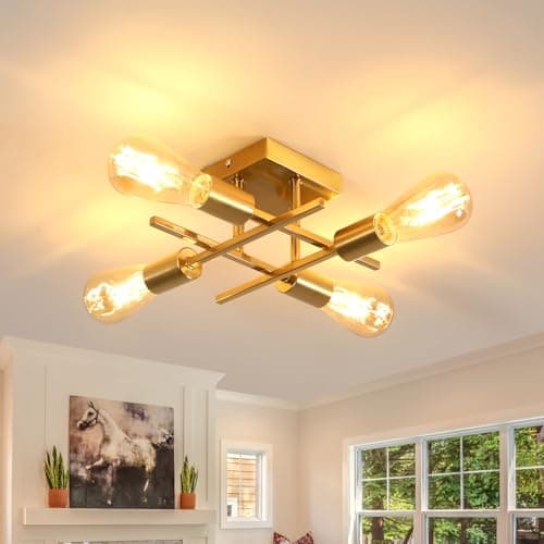 Image of Pheashine Gold Industrial Ceiling Light Fixture, 4-Light Flush Mount Ceiling Light with E27 Bulb Base, Modern Chandelier Ceiling Lighting for Bedroom, Dining Room, Kitchen, Hallway, Entryway